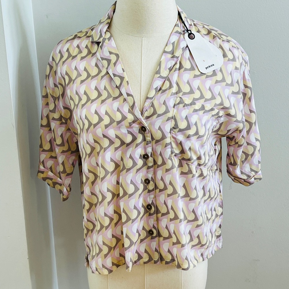 Prana Iguala Top Willow Retro Geo Button Down Shirt XS 1970891 Womens Purple Tan
